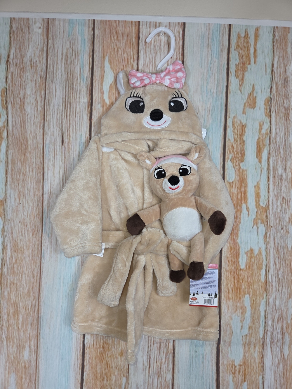 Kids Plush Deer Hooded Pajama Robe with Matching Stuffed Toy - Beige. Size 0-9m